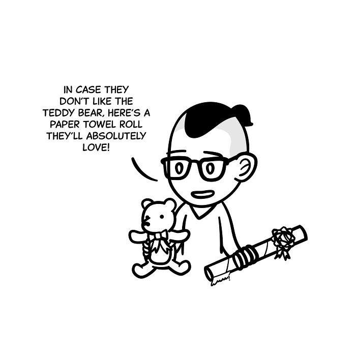 Person with glasses holding a teddy bear and a paper towel roll, reflecting tiny thoughts with big existential vibes.