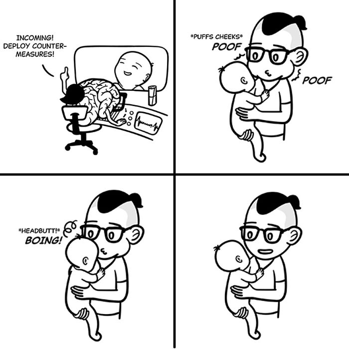 Comic strip showing a man and baby sharing tiny thoughts and big existential vibes through playful interactions.