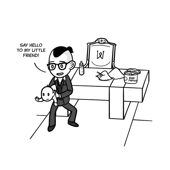 Man in glasses holding a baby doll saying say hello to my little friend featuring tiny thoughts and big existential vibes.