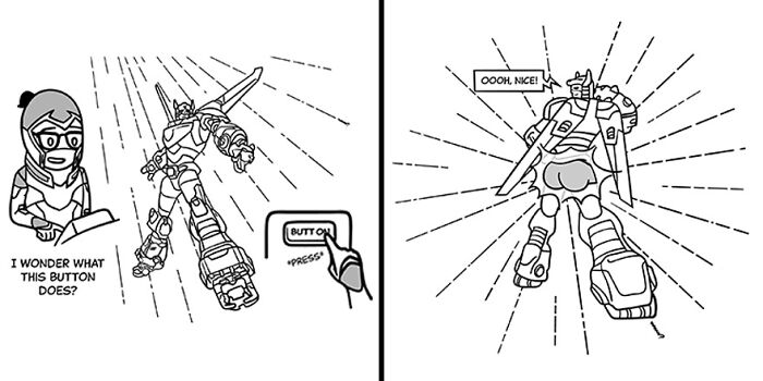 Character wonders about a button while a robot activates, capturing tiny thoughts and big existential vibes.