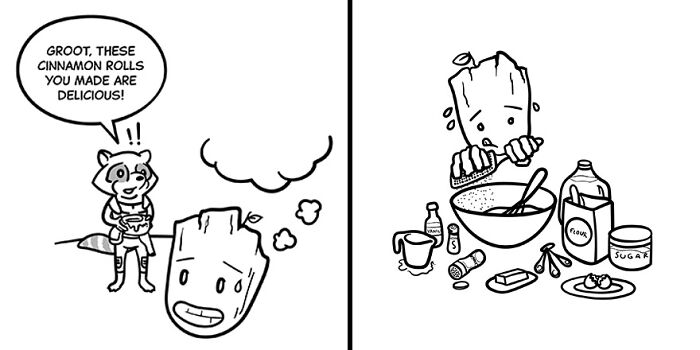 Cartoon of Groot and Rocket with baking ingredients, illustrating tiny thoughts and big existential vibes in a playful scene.