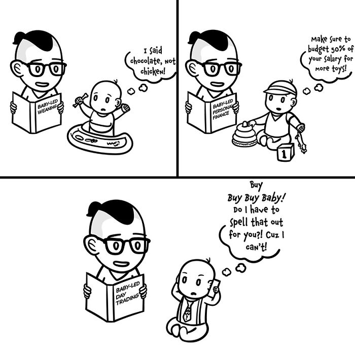 Comic strip showing Wilber thinking tiny thoughts with big existential vibes about baby-led weaning, personal finance, and day trading.
