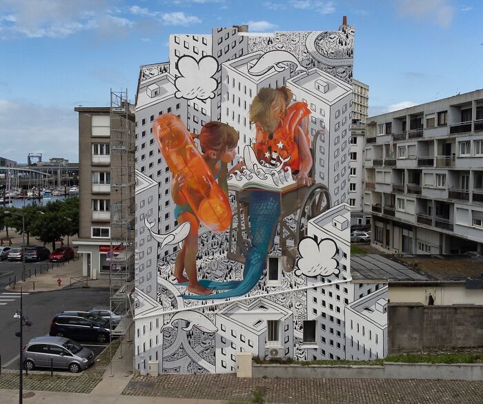 Mural by Italian artist turning city walls into whimsical worlds with children and imaginative urban scenes.
