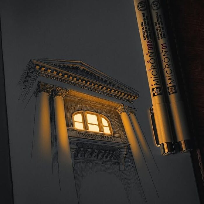Pen and ink drawing of classical architecture glowing with light, created by a Ukrainian artist using micron pens.