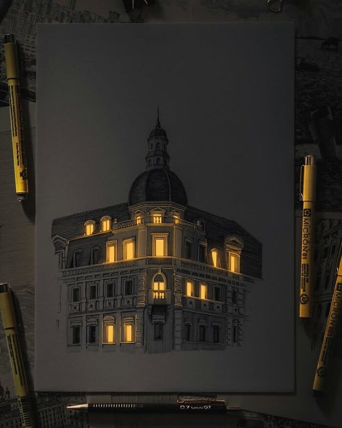 Pen and ink drawing of a glowing building with light shining through windows by Ukrainian artist.