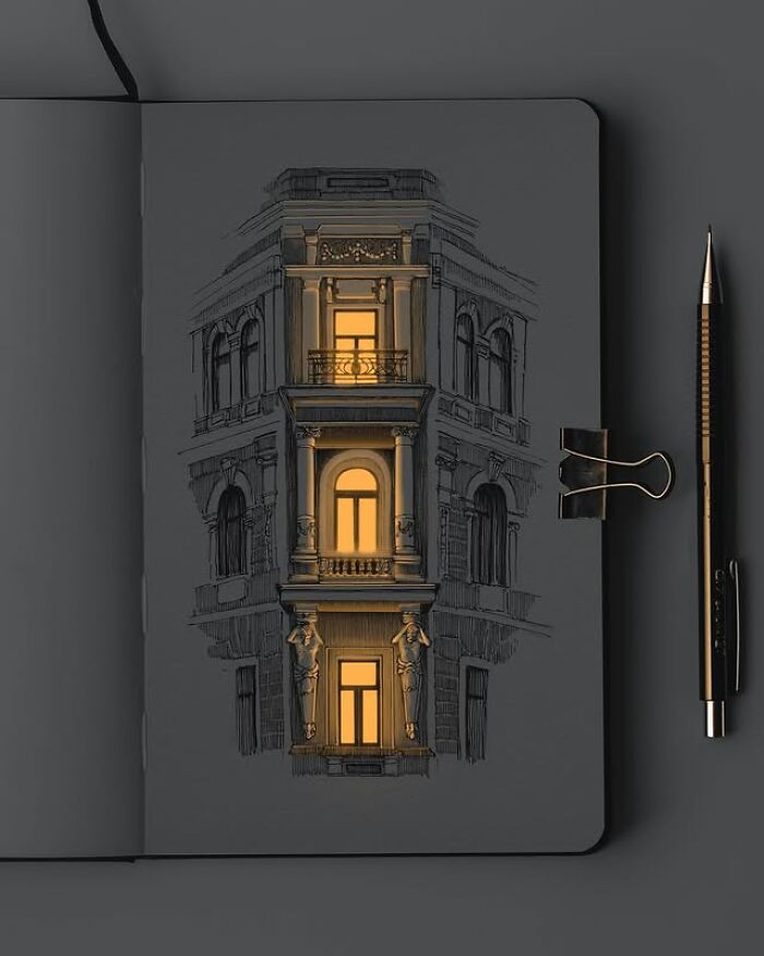 Pen and ink drawing of a glowing building facade by Ukrainian artist in a black sketchbook with a black pen.