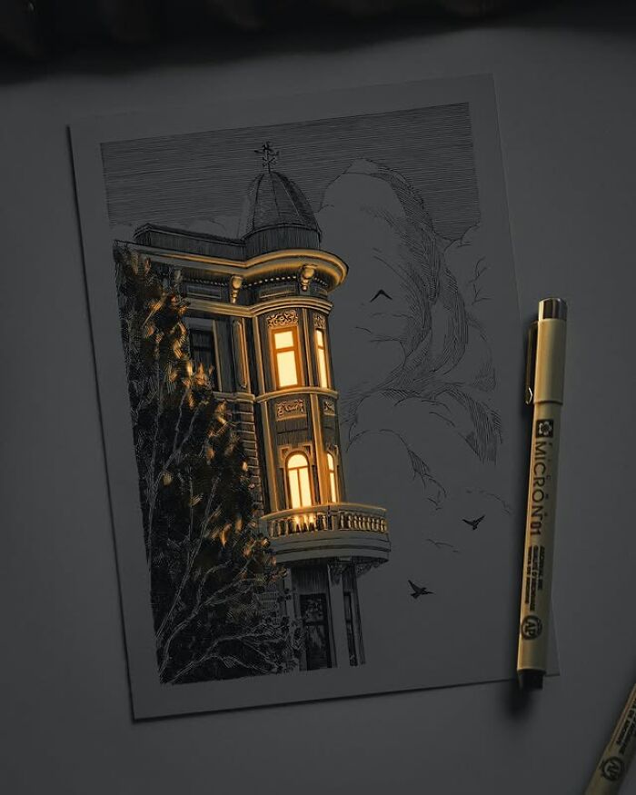 Pen and ink drawing of a glowing historic building corner with illuminated windows and detailed architectural features.