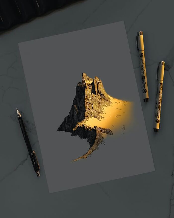 Pen and ink drawing by Ukrainian artist featuring glowing light effect on a textured mountain landscape on gray paper.