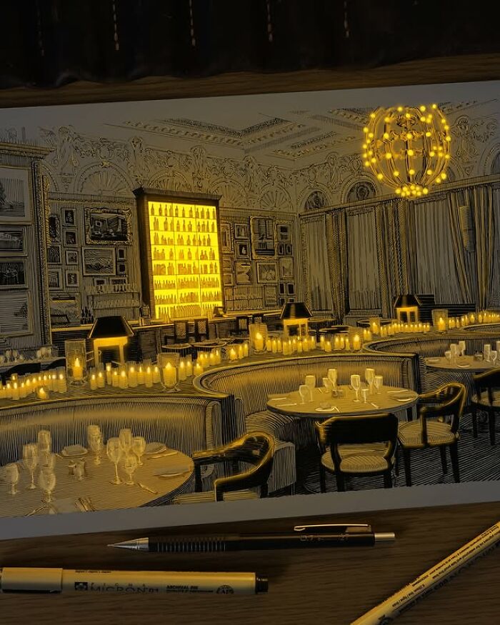 Pen and ink drawing of a glowing restaurant interior showcasing the Ukrainian artist’s skill with light effects.