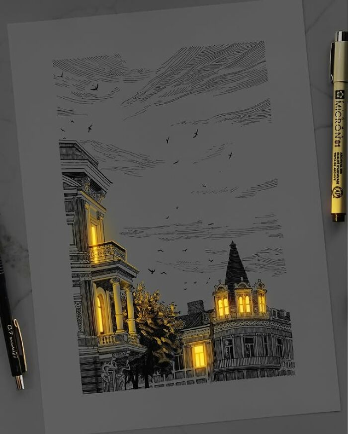 Pen and ink drawing of buildings with glowing windows, showcasing the Ukrainian artist’s luminous light effect technique.