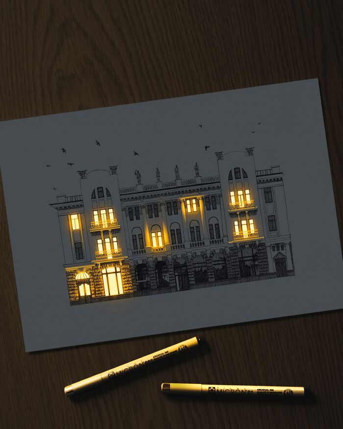 Pen and ink drawing of a building with glowing windows, showcasing Ukrainian artist’s light effect in ink drawings.