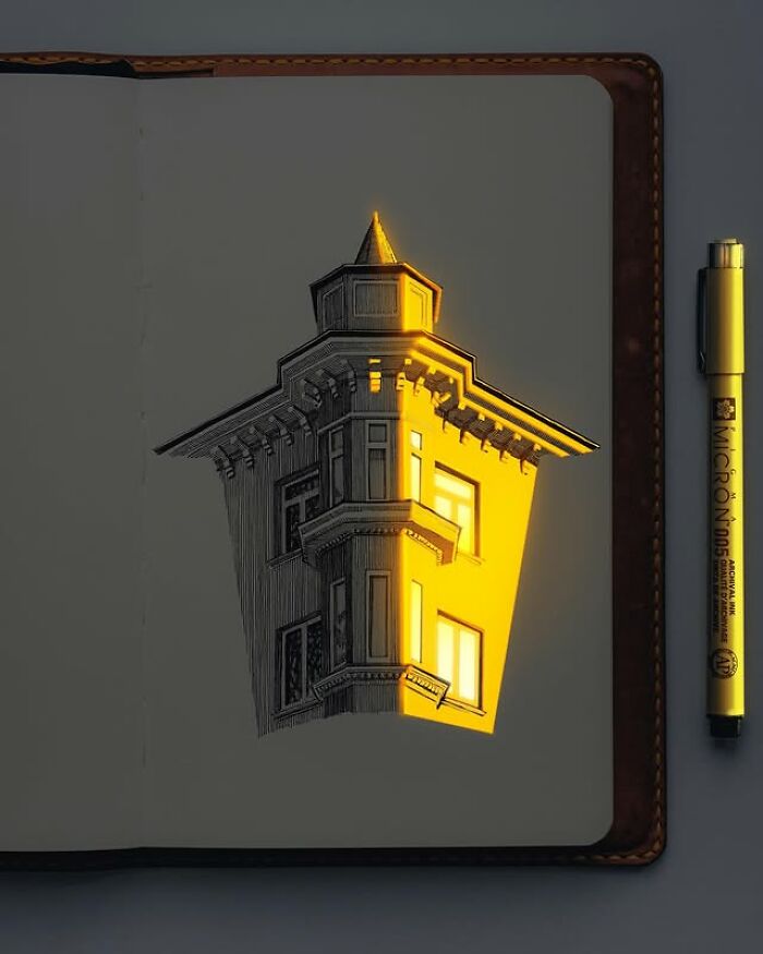 Pen and ink drawing of a building glowing with real light, showcasing the Ukrainian artist’s unique luminous art style.