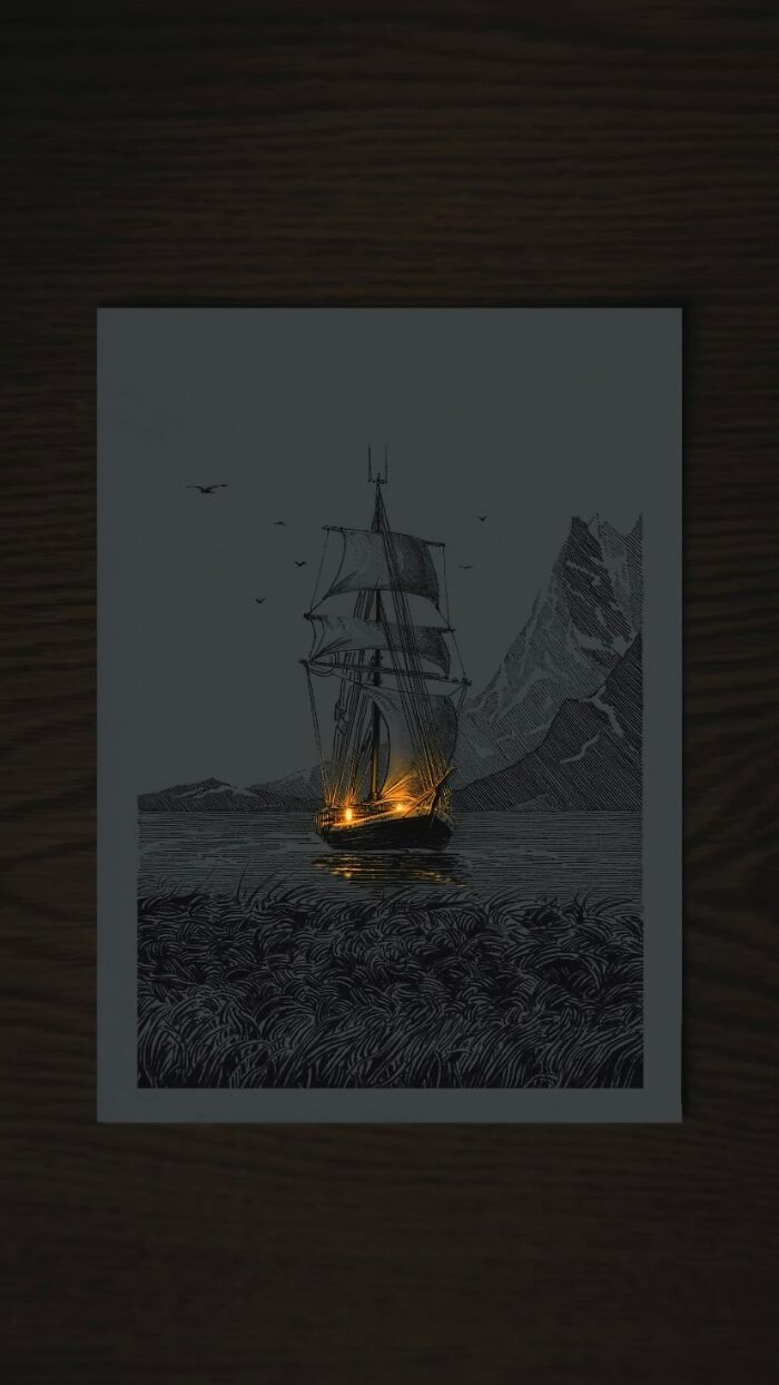 Pen and ink drawing of a sailing ship on water with glowing light effects near the boat in a dark landscape scene.