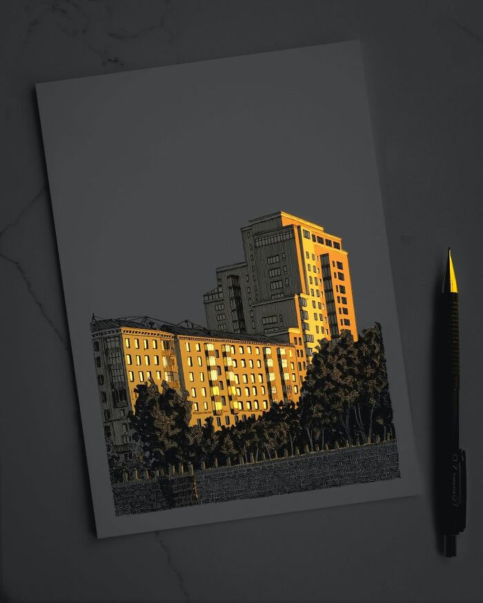 Pen and ink drawing by Ukrainian artist showing buildings glowing with light against dark background.