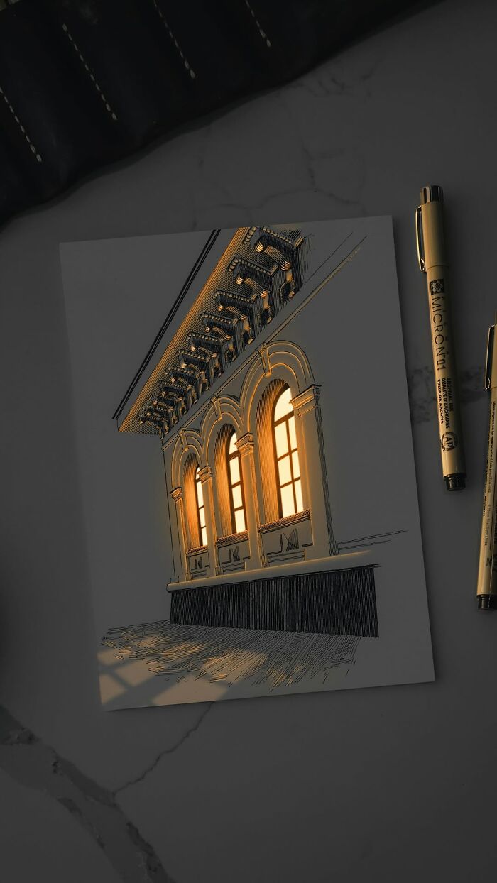 Pen and ink drawing of an architectural window glowing with light, showcasing Ukrainian artist’s illuminated artwork.