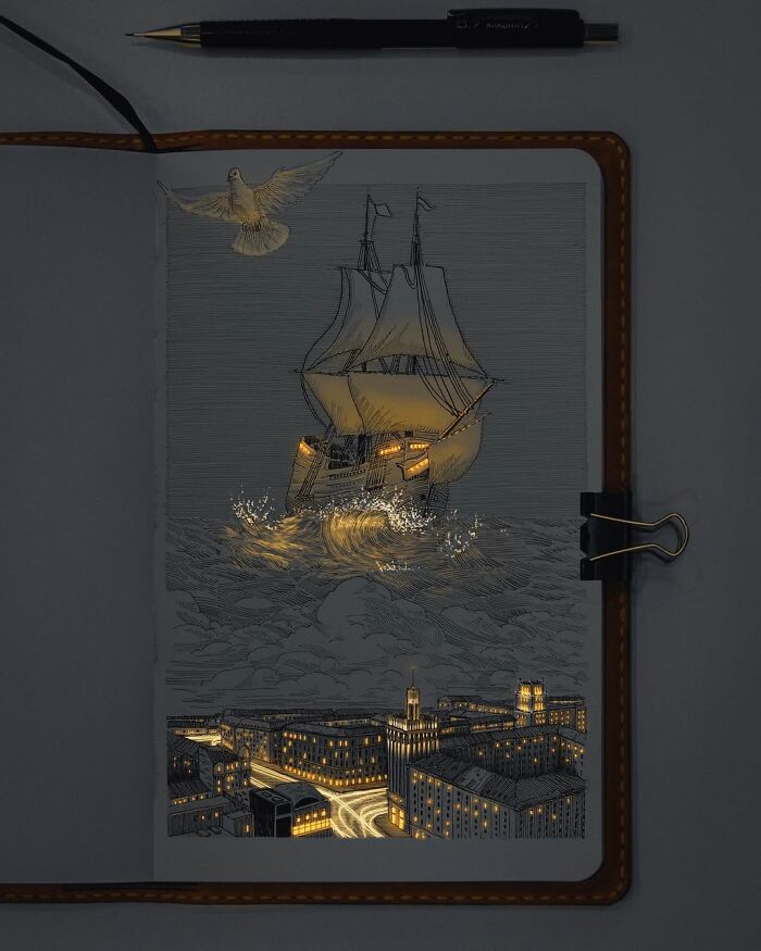 Pen and ink drawing by a Ukrainian artist featuring a glowing ship and cityscape illuminated with real light effects.