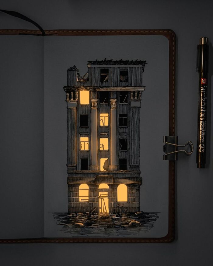 Pen and ink drawing of a building with glowing light shining through windows, showcasing Ukrainian artist’s glowing artwork.