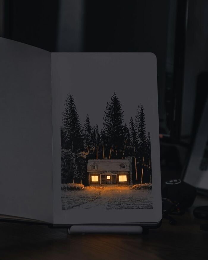 Pen and ink drawing of a glowing house in the woods by Ukrainian artist, capturing light with detailed illustration.