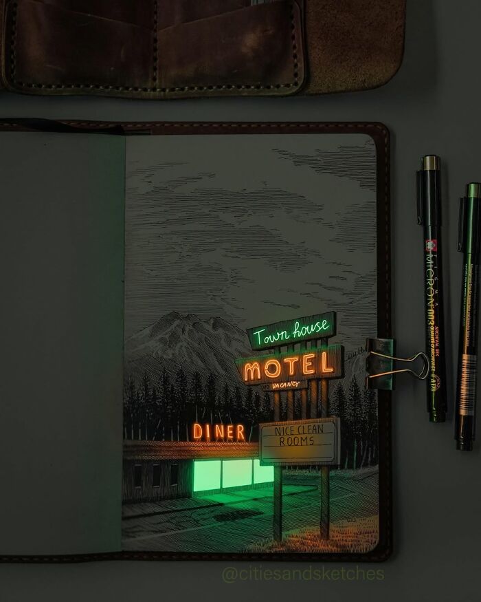 Pen and ink drawing of a glowing motel and diner sign in a dark mountainous landscape by Ukrainian artist.