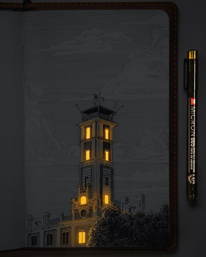 Pen and ink drawing of a glowing tower with illuminated windows by a Ukrainian artist in a detailed sketchbook.