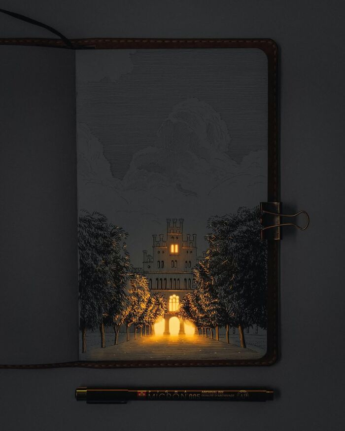 Pen and ink drawing of a glowing castle lighted by warm tones, created by a Ukrainian artist with luminous effects.
