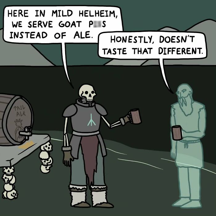 Cartoon Viking and ghost in cave discussing mild Helheim goat pints in a humorous medieval meme about history.