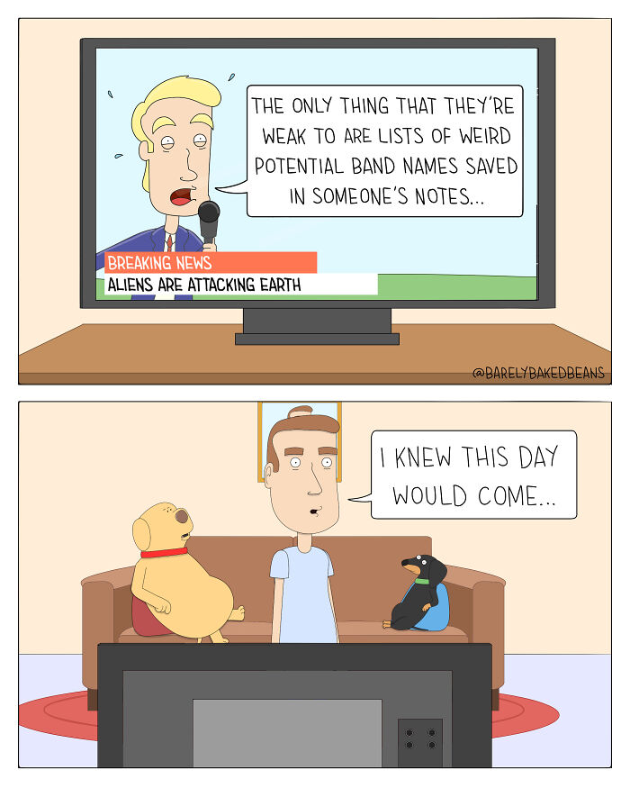 Cartoonist Daniel Matheson comic with a man and two dogs reacting to alien invasion news on TV.