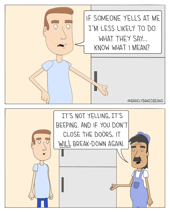 Cartoonist Daniel Matheson comic showing two men talking about a beeping fridge and closing its doors.