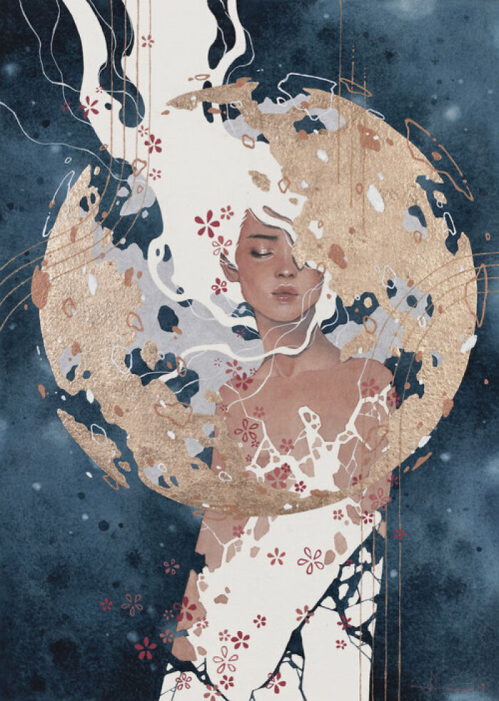 Watercolor artwork by Kelogsloops featuring a calming female figure surrounded by gold and floral elements on blue background.