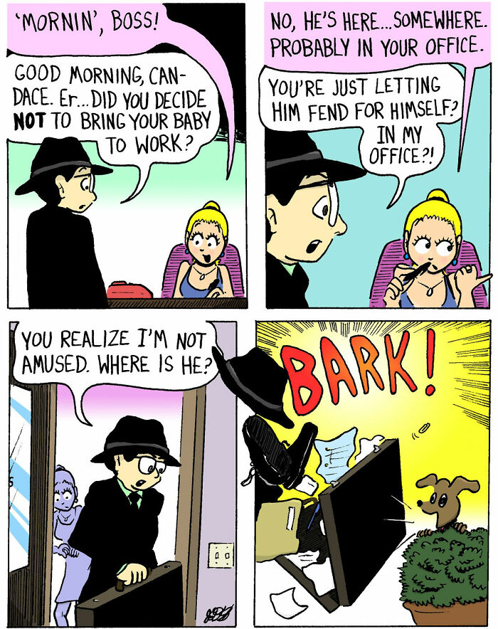 Comic scene from soft and chaotic comics by Candace n Company featuring office humor with a surprise barking dog.