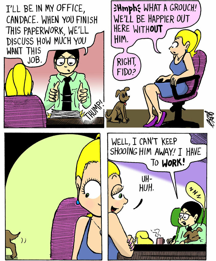 Soft and chaotic comic panels showing office work and a woman talking to her dog in a humorous scene.
