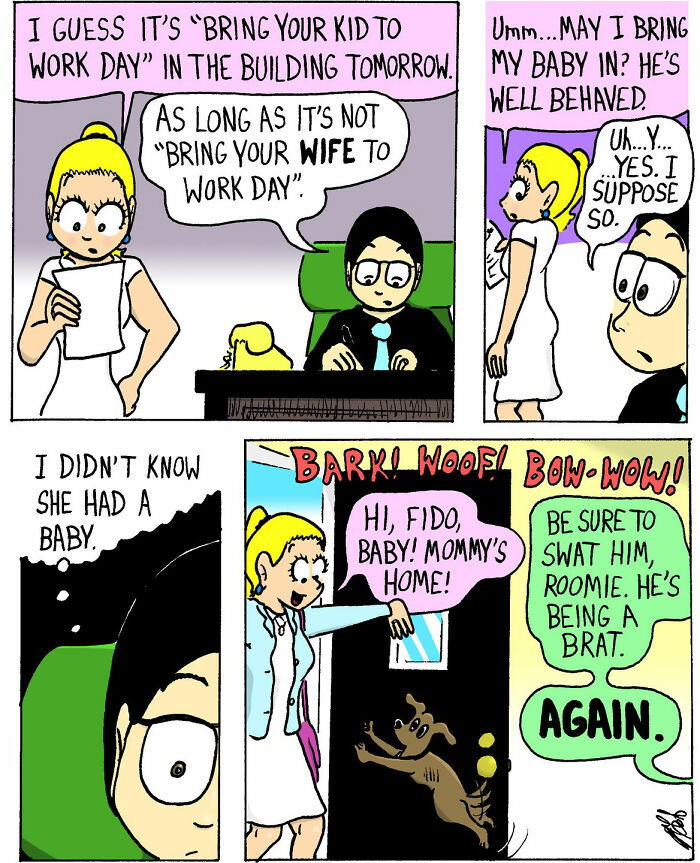 Comic strip from Candace 'n' Company showing a chaotic workday with a baby and playful dog at home.