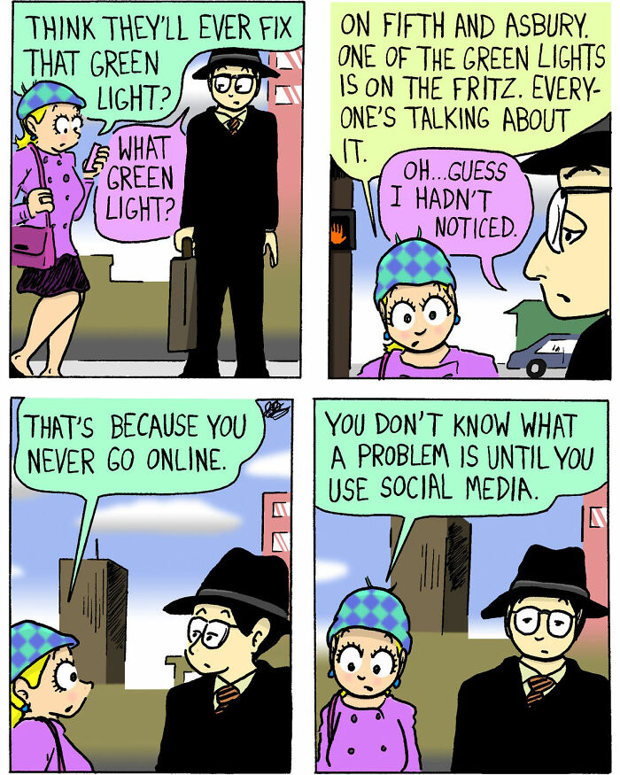Two characters discuss a broken green light and social media problems in a soft and chaotic comic style.