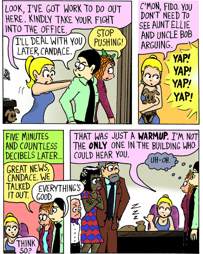 Soft and chaotic comics scene showing characters arguing and resolving conflict in a humorous office setting.