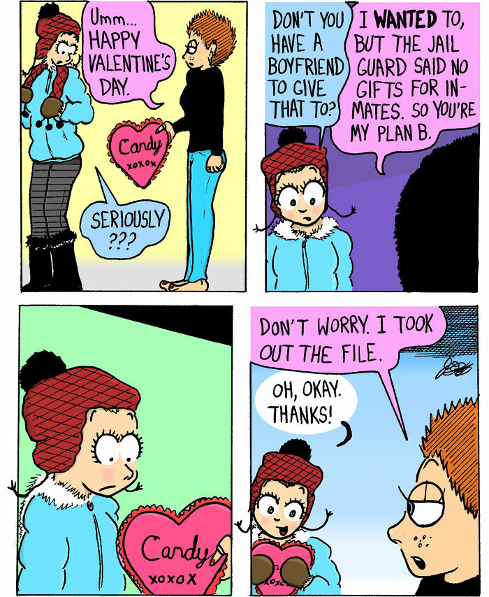 Two characters exchange a Valentine’s Day candy heart in a soft and chaotic comic by Candace ’n’ Company.
