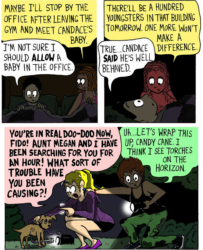 Soft and chaotic comics by Candace n Company showing humorous dialogue and quirky characters in everyday situations at night.