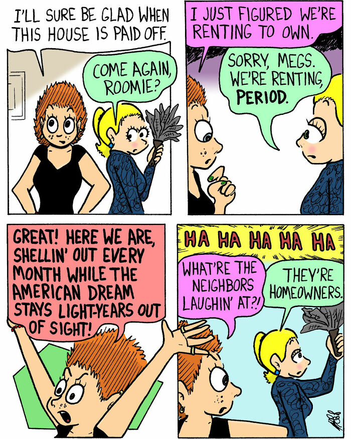 Two women roommates discuss renting vs owning a home in a soft and chaotic comic style by Candace n Company.