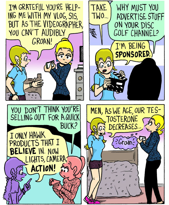 Comic panels from soft and chaotic comics by Candace n Company showing sisters filming and discussing sponsorship deals.