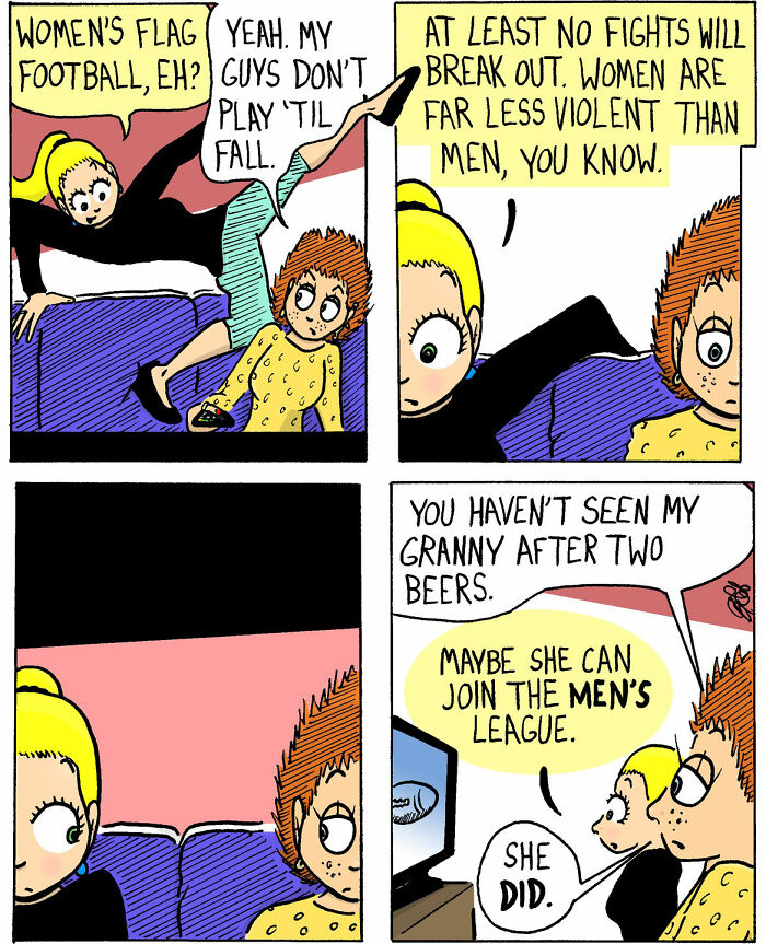 Comic strip featuring two women humorously discussing women's flag football and the men's league.