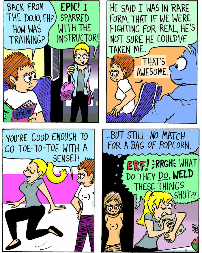 Colorful soft and chaotic comic panels depict characters discussing training, sparring, and struggling with a popcorn bag.