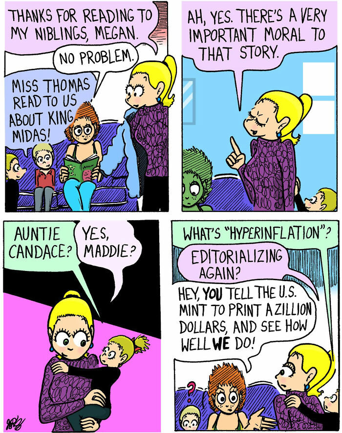 Soft and chaotic comic panels featuring playful characters discussing stories and economic concepts with humor and warmth.