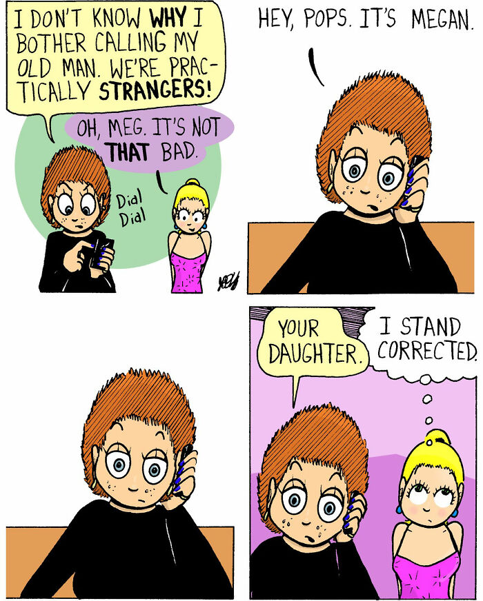 Comic panels showing a chaotic, soft comic style featuring a character called Megan making a phone call on a chaotic comic.