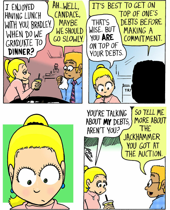 Comic panels showing a soft and chaotic conversation about debts and relationships from Candace n Company comics.