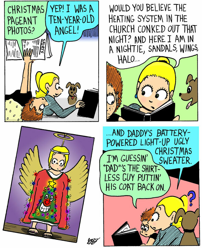 Comic panels showing a chaotic and soft family scene with Christmas pageant memories and a light-up ugly sweater.