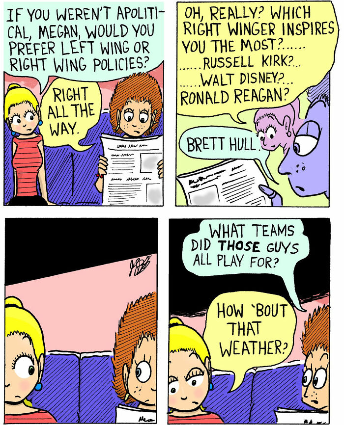 Two women discuss politics and right-wing figures in a soft and chaotic comic style by Candace 'n' Company.