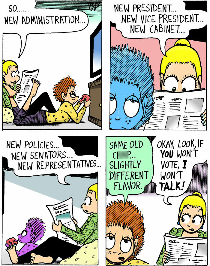 Soft and chaotic comic panels by Candace n Company depict characters discussing politics and voting with humor.