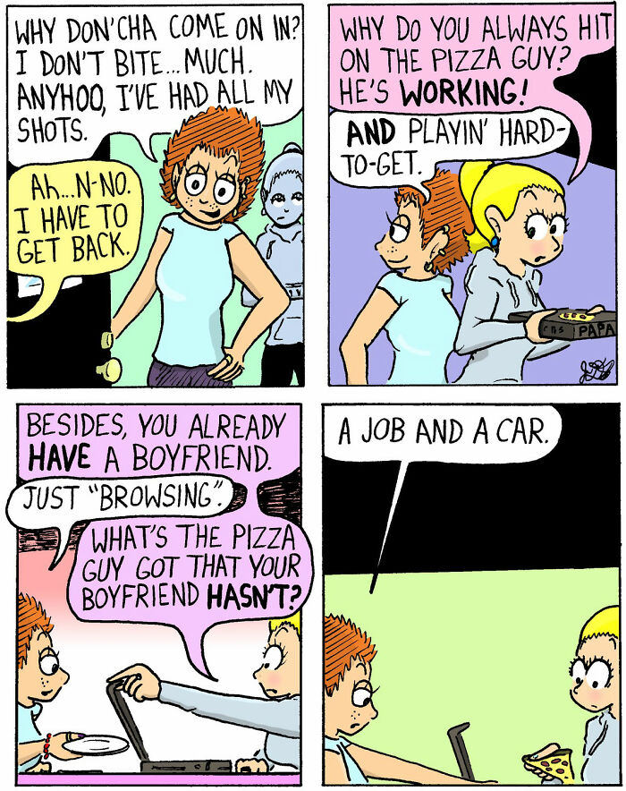 Two women in a soft and chaotic comic by Candace n Company discussing pizza guy and relationships.