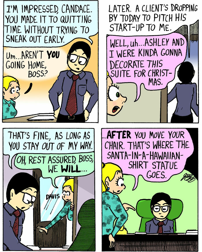 Comic strip from Candace 'n' Company depicting a humorous office scene with soft and chaotic comic style.