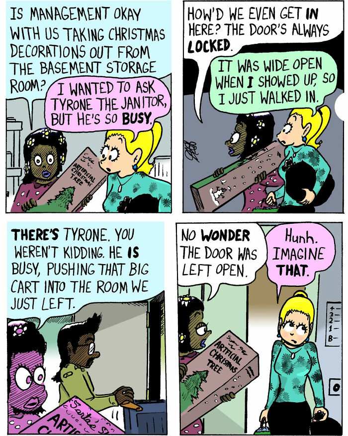 Soft and chaotic comic panels showing characters discussing Christmas decorations and a locked door in a humorous scene.