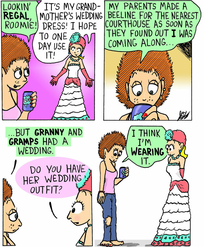 Soft and chaotic comic panels by Candace n Company showing a humorous wedding dress story with two characters chatting.